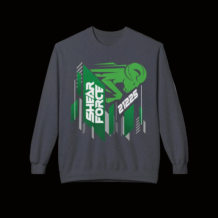 A dark gray crewneck sweatshirt featuring a green and white graphic print on the front with the text 'SHEAR FORCE' and '21225' alongside a stylized ram illustration.